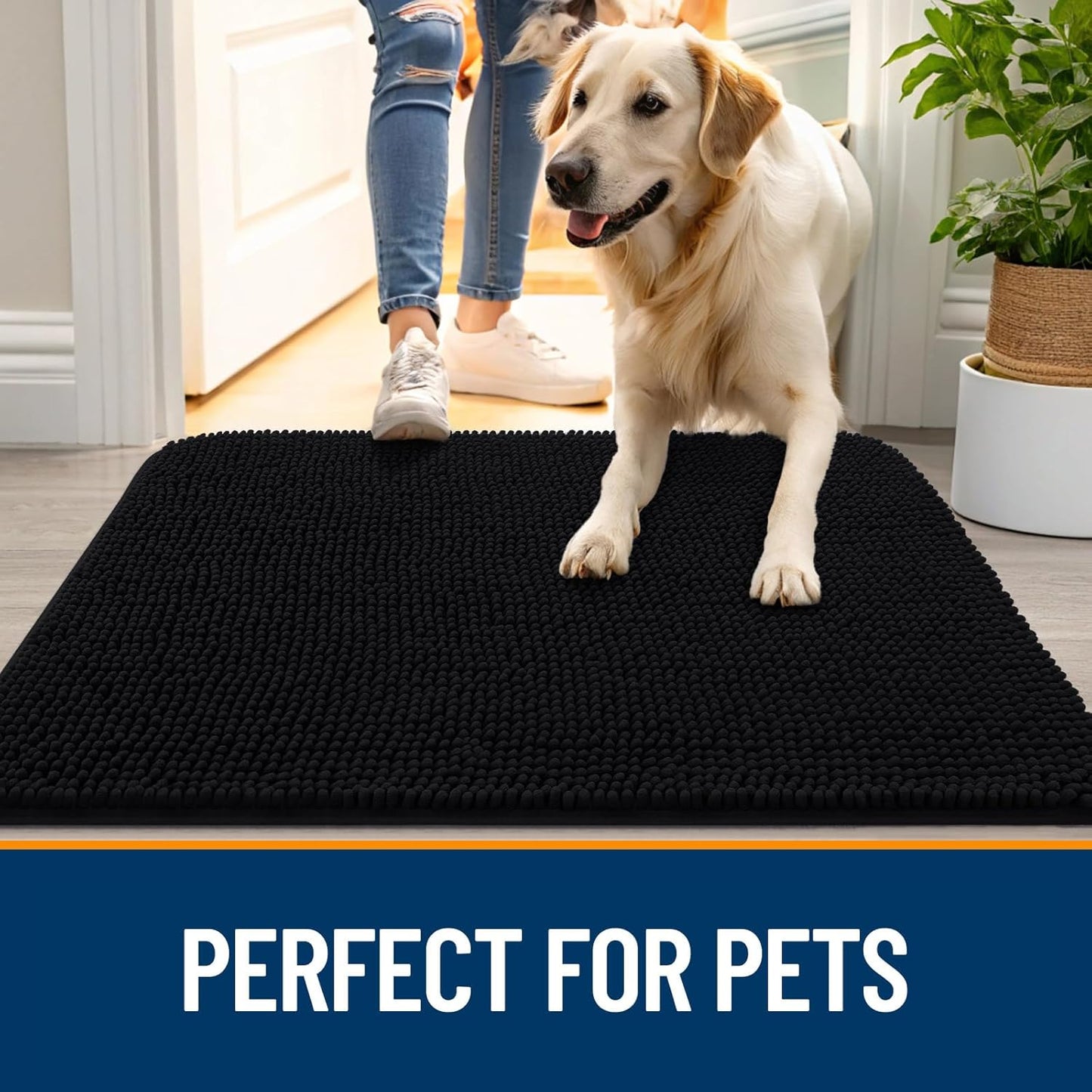 OLANLY Dog Door Mat for Muddy Paws 59x20, Absorbs Moisture and Dirt, Absorbent Non-Slip Washable Doormat, Quick Dry Chenille Mud Mat for Dogs, Entry Indoor Entryway Carpet for Inside Floor, Black