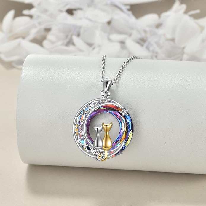 925 Sterling Silver Moon Black Cat Necklace for Women - Tree of Life Jewelry with Abalone Stone - Cat Lover Birthday Gift