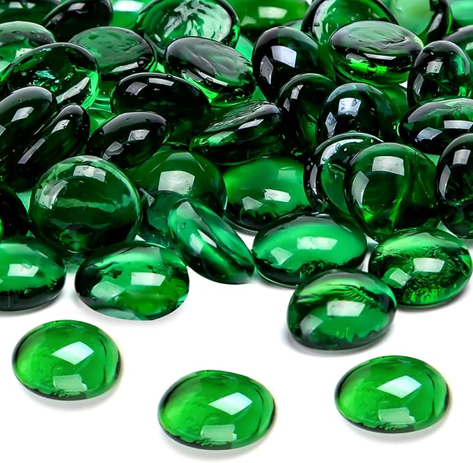 FUTUREPLUSX 1LB Green Flat Glass Marbles, Premium Colored Gems Fish Bowl Marbles Decorative Mosaic Glass Pebbles Floral Smooth Stones for Vases Aquarium Home Decor