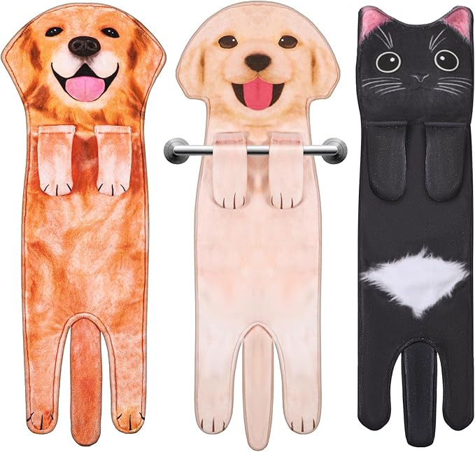 Funny Cat Hand Towels, 3 Pcs Cute Dog Hand Towels Decorative Washcloths Super Absorbent Soft Hanging Face Towels Housewarming Gift for Bathroom Kitchen