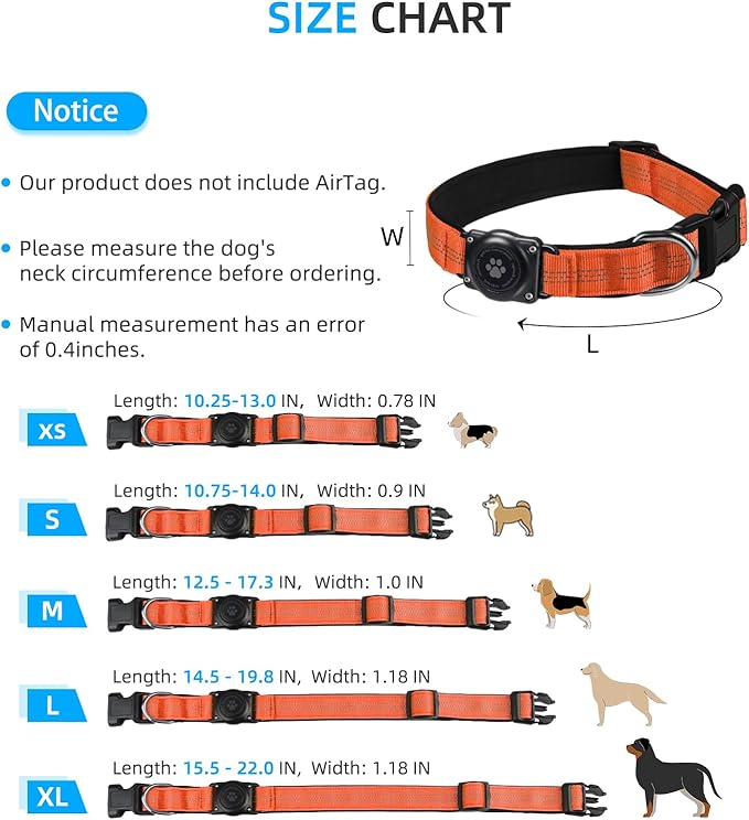 Upgraded AirTag Dog Collar, IP68 Waterproof Air Tag Dog Collar Holder, Reflective, Ultra-Durable, Comfortable Padded, Heavy Duty Dog Collars for Small Medium Large Dogs (L (14.8"-20.3"), Orange)