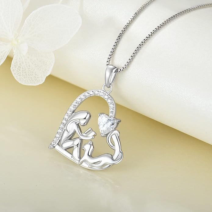 YL Women's Cat Necklace 925 Sterling Silver Heart Pendant Filigree Moon Jewelry for Girls