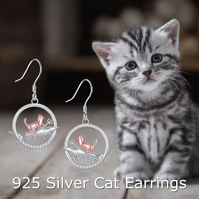 YFN Cat Earrings for Women Sterling Silver Shark Dangle Earrings Cat Jewelry Gifts for Women Cat Lover Shark Jewelry for Shark Lover