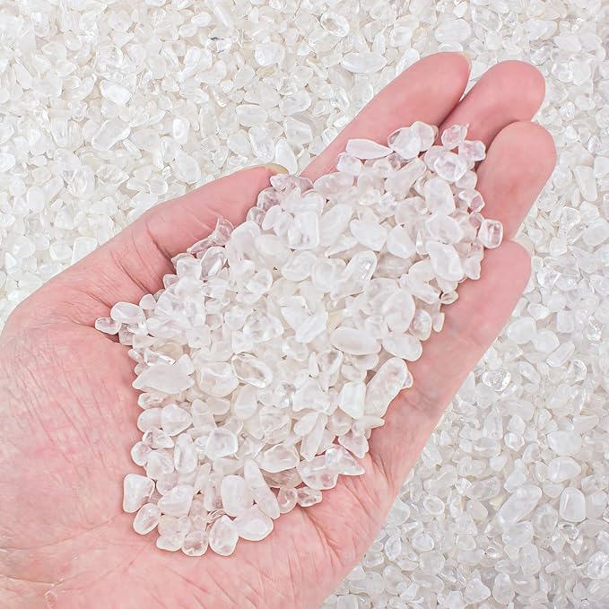 0.88 Lb Clear Quartz Crystal Chips Natural Tumbled Healing Crystal Chips Bulk Crushed Stones, Betta Fish Tank Gravel Rocks Clear Mini Pebbles for Aquarium, Vase Fillers, Succulent Plants Decor, 3-5 mm