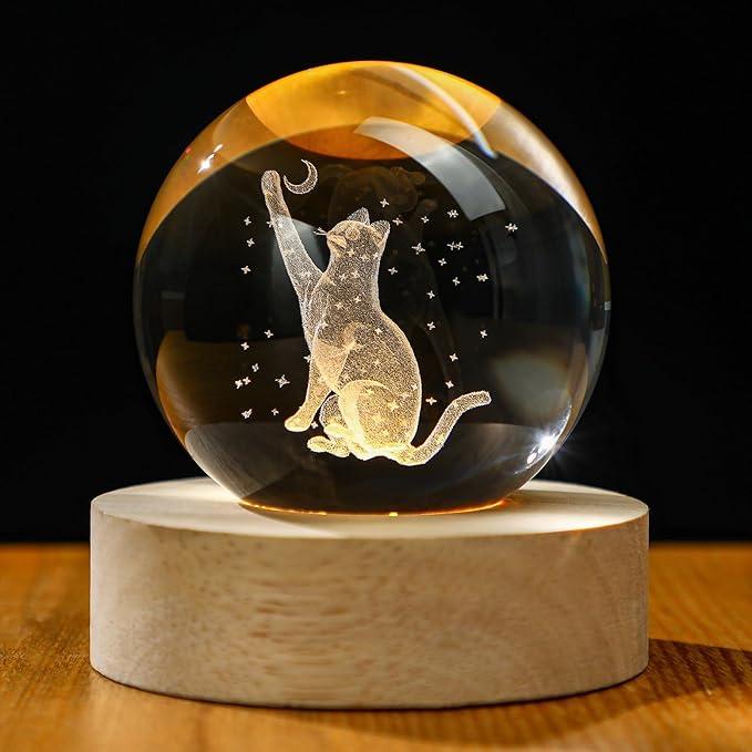YU FENG 3D Carved Cat Crystal Ball with Light Base for Cat Lovers and Home Decor 2.36 Inch