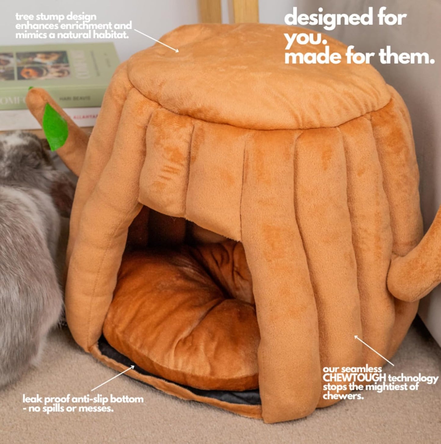 Hopp'dβ’ Guinea Pig Hideout & Bed β 2-in-1 Washable Tree Stump House | Rat, Ferret, Hamster, Bunny Bed Hideout | Waterproof, Anti-Slip, Chew-Proof | Free Pillow | Small Animal Accessories (Large)