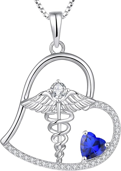YL Caduceus Heart Necklace Sterling Silver Doctor Nurse Themed Pendant Gemstones Angel Wings Snake Jewelry for Women