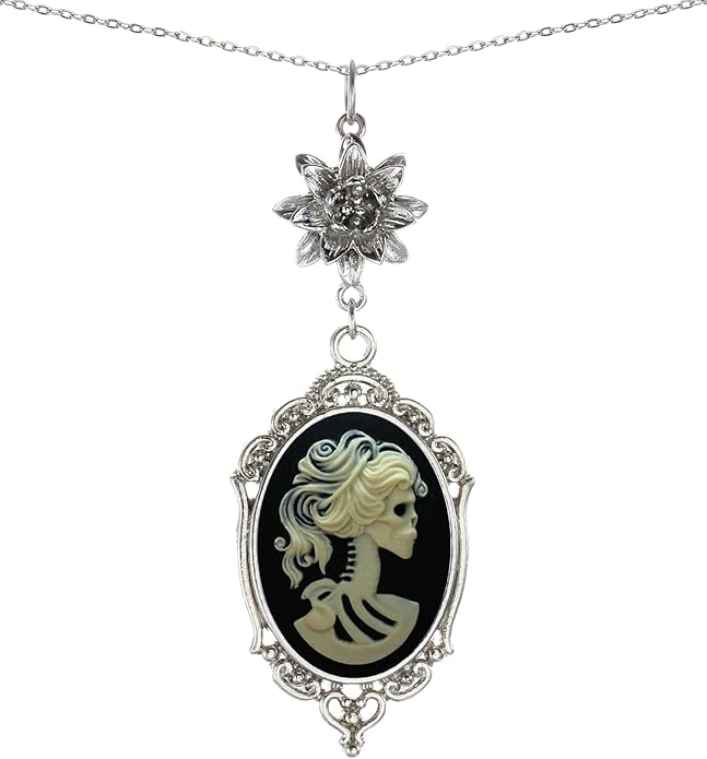Yspace Lotus Charm Necklace Antique Decor Cameo Pendant 2 Chains Velvet Pouch for Gift
