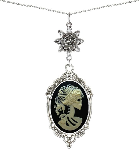 Yspace Lotus Charm Necklace Antique Decor Cameo Pendant 2 Chains Velvet Pouch for Gift