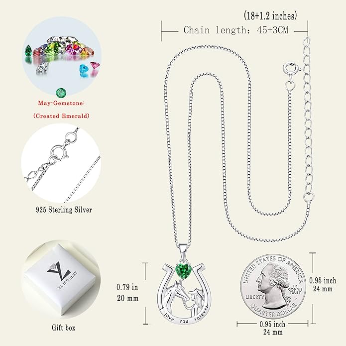YL Women's Horse Necklace 925 Sterling Silver Horseshoe Pendant Birthstone Animals Jewelry