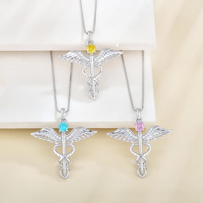 YL Caduceus Necklace Sterling Silver Doctor Nurse Themed Pendant Birthstone Angel Wings Snake Jewelry for Women
