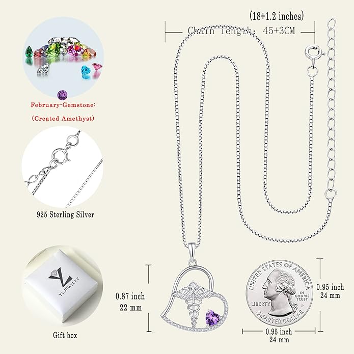 YL Caduceus Heart Necklace Sterling Silver Doctor Nurse Themed Pendant Gemstones Angel Wings Snake Jewelry for Women