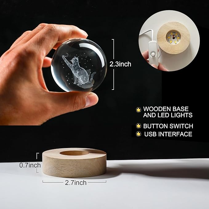 YU FENG 3D Carved Cat Crystal Ball with Light Base for Cat Lovers and Home Decor 2.36 Inch