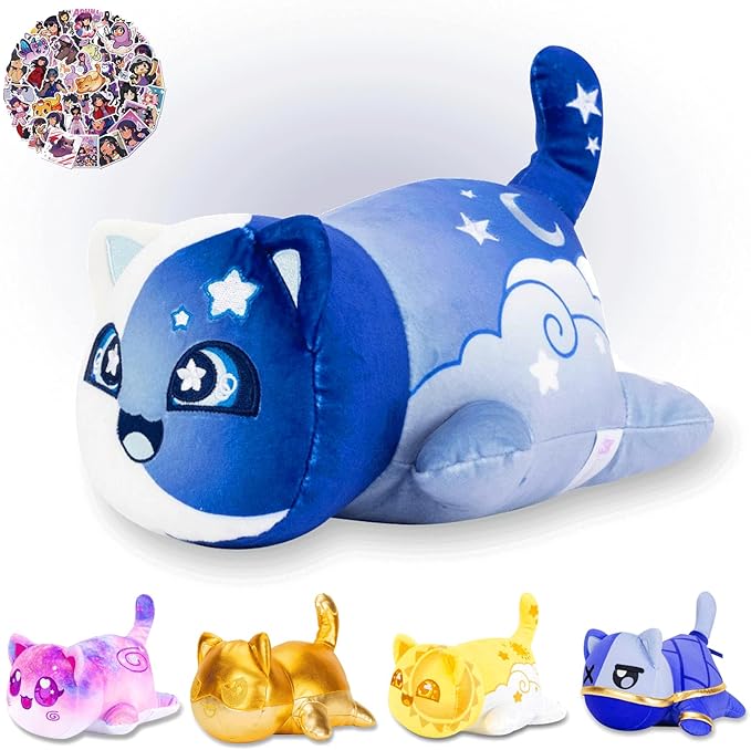 KaiMaoMaoRongWanJu® 61-PCS 丨 9.8-in Moon Cat Plush + 60-Sticker - Meemeows Cat Plush Collection - 100% Polyester Plushie Pillow Embroidered - Cat Stuffed Animal Collectible (Moon Cat), Medium