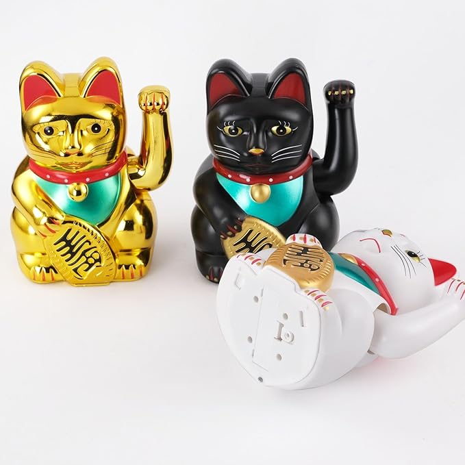 Gold/Black/White Maneki Neko Lucky Cat,Fengshui Cat- Waving Arm Battery Operated for Fortune Money and Good Luck (White, 10 in)