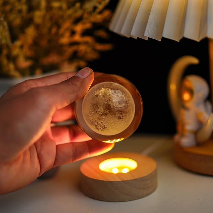 YU FENG 3D Carved Moon Crystal Ball with with Warm White Light Base for a Warm and Mysterious Ambiance 2.36 Inches