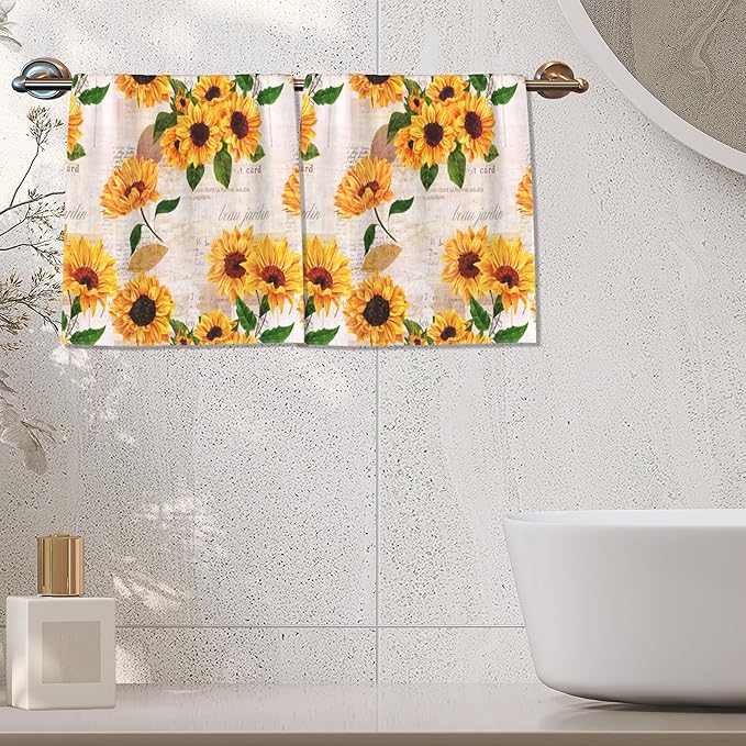Vintage Sunflower Hand Towels for Bathroom,Yellow Flower Hand Bath Towels Soft Absorbent Dish Towels for Kitchen Bathroom Gym Beach Decorative Towels,Set of 2