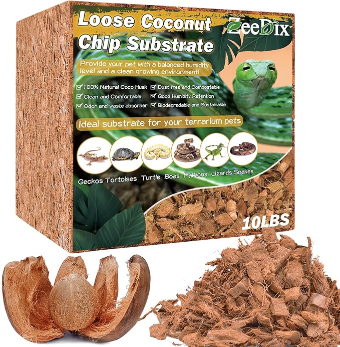 ZeeDix 10LB Coco Fiber Chips Substrate for Reptiles, 72 Quart Coconut Fiber Husk Substrate Mulch Coco Chips Bricks Reptiles Bedding for Geckos, Lizards, Tortoises, Ball Python, Frogs
