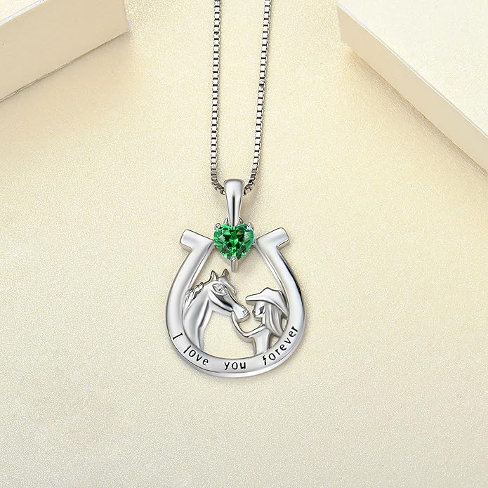 YL Women's Horse Necklace 925 Sterling Silver Horseshoe Pendant Birthstone Animals Jewelry