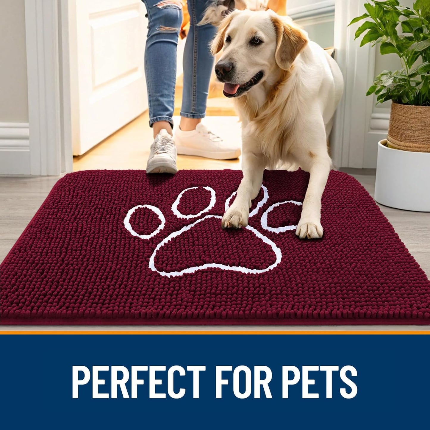 OLANLY Door Mat for Muddy Dog Paws 24x16, Ultra Absorbent Chenille Mud Doormat with Paw Print Design, Non-Slip Washable Doormat for Indoor Entryway, Quick-Dry Pet Bed Mats for Dirty Dogs, Burgundy