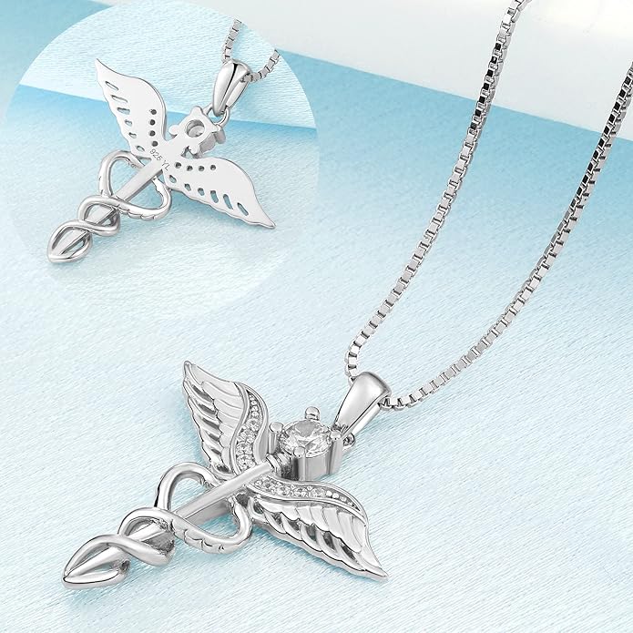 YL Caduceus Necklace Sterling Silver Doctor Nurse Themed Pendant Birthstone Angel Wings Snake Jewelry for Women