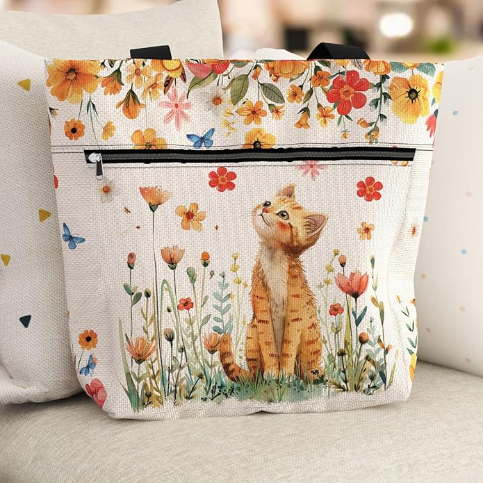 Waterproof Tote Bag with Pockets and Zipper for Work. Shoulder Bag for Women. Gift for Cat Lover Cat Owner.