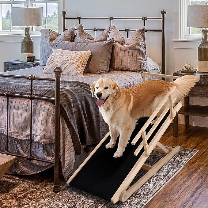 Dog Ramp, 5 Level Adjustable Wooden Folding Pet Ramp for Middle Bed, Couch,SUV-High Traction, Portable Paw Ramps for Small & Large Old Dogs & Cats - Furniture Quality