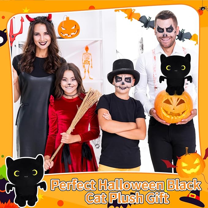 Halloween Cat Plush, Black Cat & Bat Plushies for Kids, Soft Stuffed Animal, Party Favor