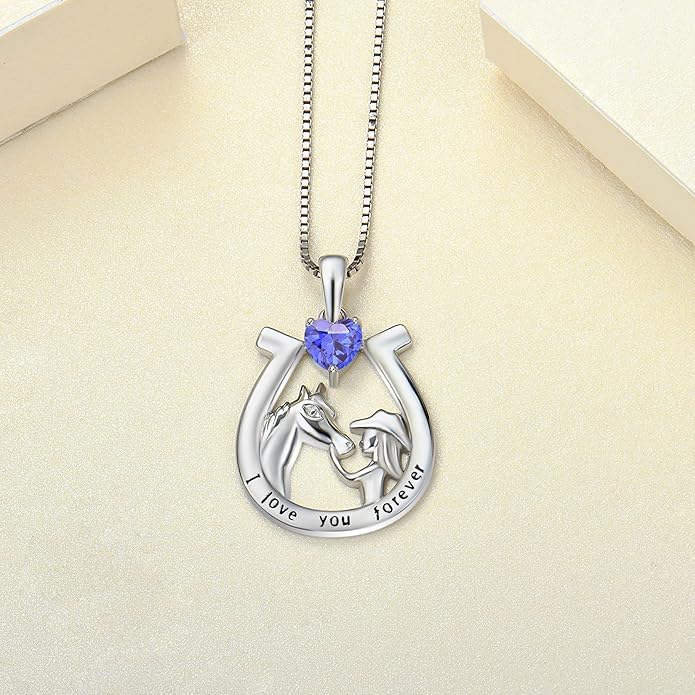 YL Women's Horse Necklace 925 Sterling Silver Horseshoe Pendant Birthstone Animals Jewelry