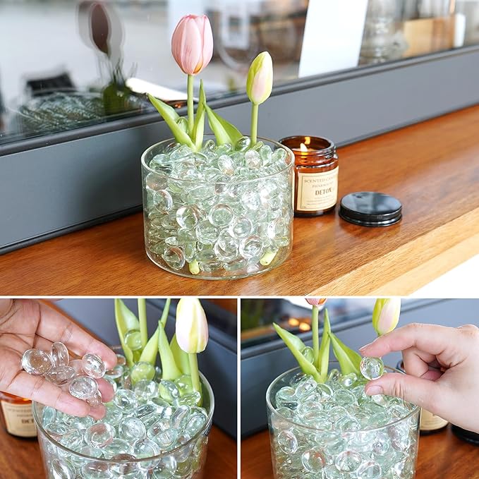 1LB Clear Flat Glass Marbles for Vases, Gemstone Beads Vase Filler Decorative Glass Pebbles for Fish Tank, DIY Crafts, Aquarium Decor Rocks