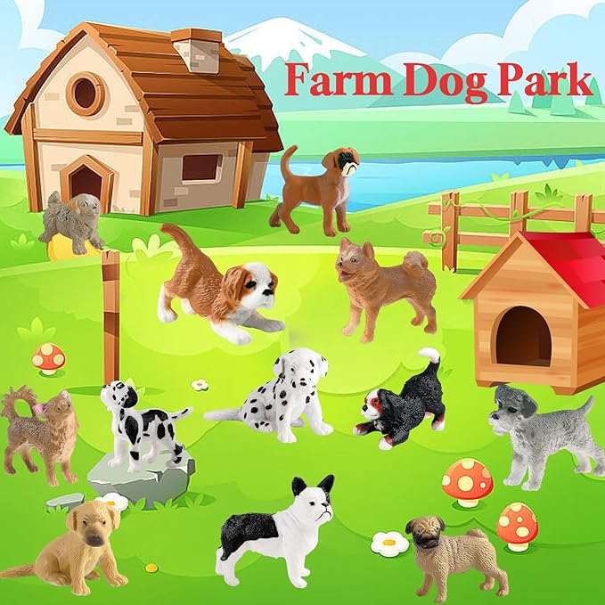 12PCS Mini Dog Figurines, Plastic Animals Mini Dog Figures Realistic Hand Painted Tiny Dog Toys Playset for Kids Toddlers, Miniature Puppy Toys Cake Topper Christmas Birthday Gift