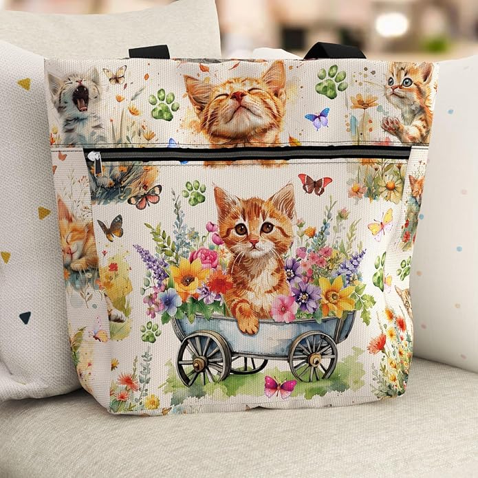 Waterproof Tote Bag with Pockets and Zipper for Work. Shoulder Bag for Women. Gift for Cat Lover Cat Owner.