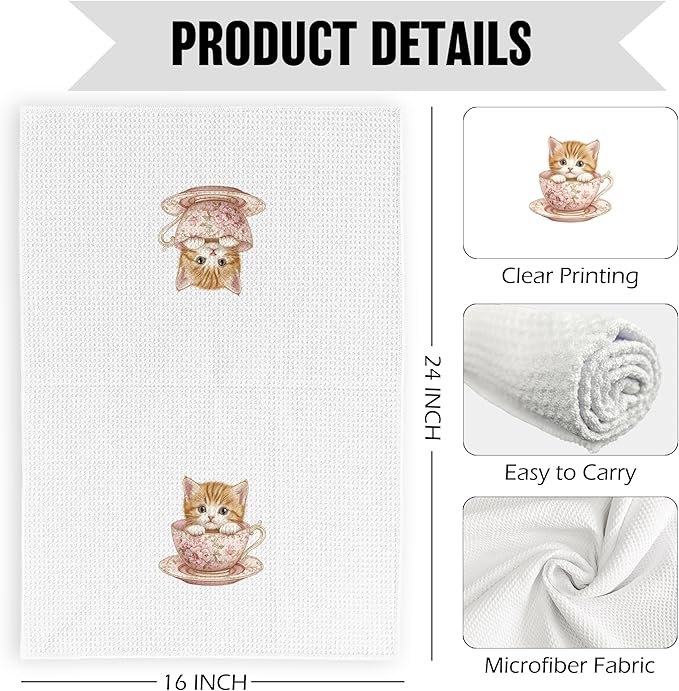 Vintage Floral Cats Kitchen Dish Towels 16x24 Inch Set of 2, Cat Tea Cup Gift for Cat Lover, Cute Pet Dish Towel, Flower Decorative Hand Tea Towels for Bathroom Cooking
