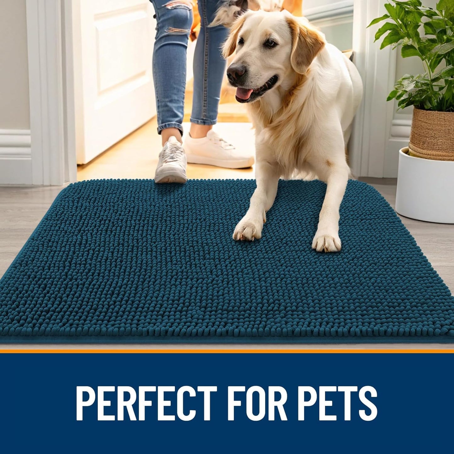 OLANLY Dog Door Mat for Muddy Paws 40x32, Absorbs Moisture and Dirt, Absorbent Non-Slip Washable Doormat, Quick Dry Chenille Mud Mat, Entry Indoor Entryway Carpet for Inside Floor, Atlantic Blue