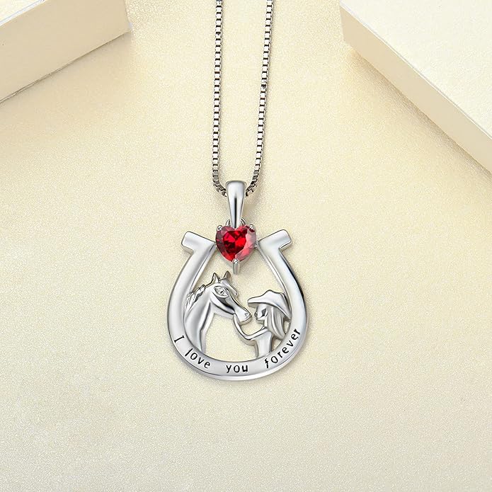 YL Women's Horse Necklace 925 Sterling Silver Horseshoe Pendant Birthstone Animals Jewelry