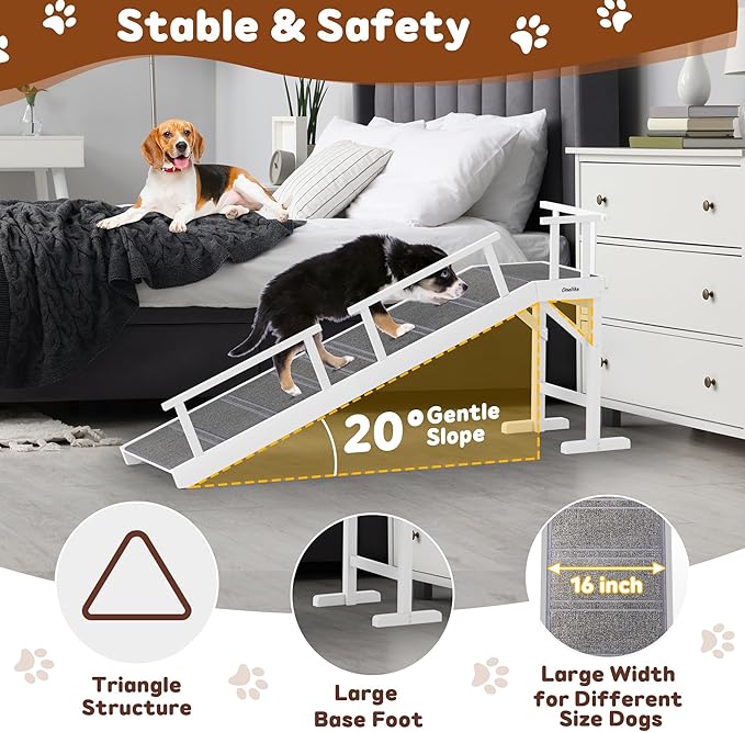 Onelike Wooden Dog Ramp for Bed with Removable Side Rail and Non-Slip Carpet, Stable Pet Ramp Stair for Couch Sofa for Small & Large & Senior Dogs, 60" Long Ramp White