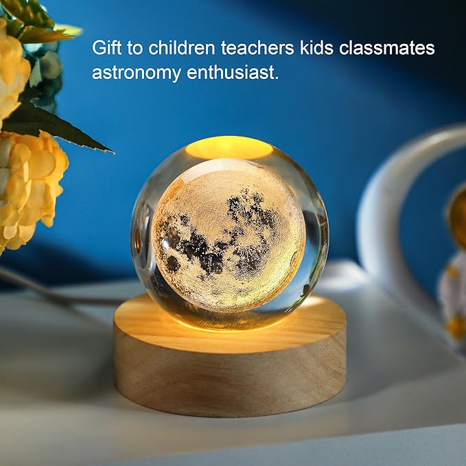 YU FENG 3D Carved Moon Crystal Ball with with Warm White Light Base for a Warm and Mysterious Ambiance 2.36 Inches