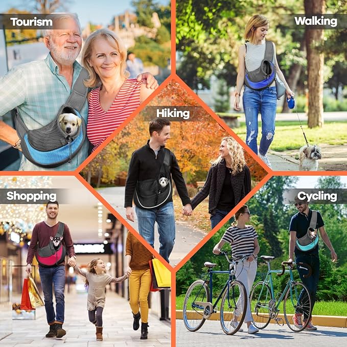 YUDODO Pet Sling Carrier for Small Dogs & Cats – Hands-Free Puppy Carrier with Safety Hook, Large Zipper Pocket, Soft Breathable Mesh, Adjustable Strap & Reflective Strip (Cyan 1.0 M)