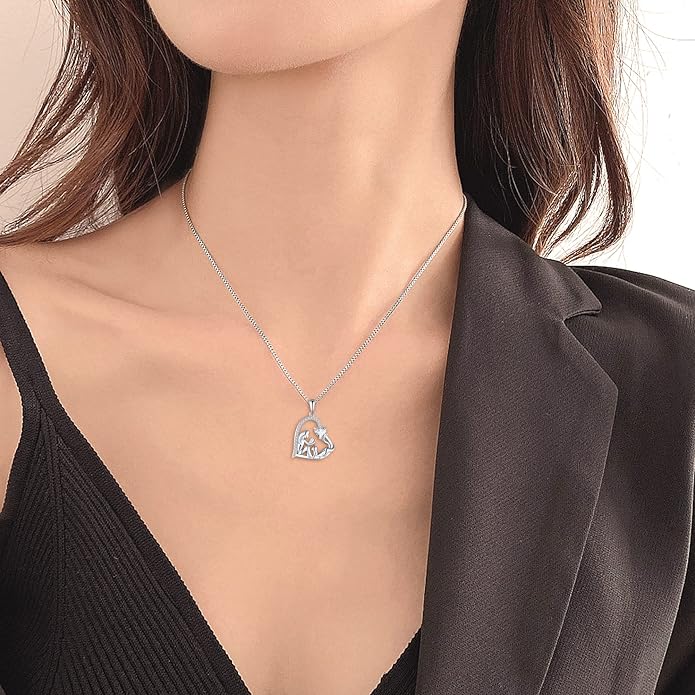 YL Women's Cat Necklace 925 Sterling Silver Heart Pendant Filigree Moon Jewelry for Girls