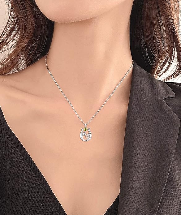 YL Women's Horse Necklace 925 Sterling Silver Horseshoe Pendant Birthstone Animals Jewelry