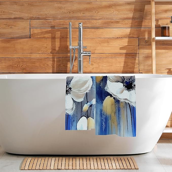 Watercolor White Blue Flowers Hand Towel Set of 2,Abstract Oil Painting Floral Soft Absorbent Decorative Bathroom Kitchen Towel for Bathroom Kitchen Hotel Gym Yoga