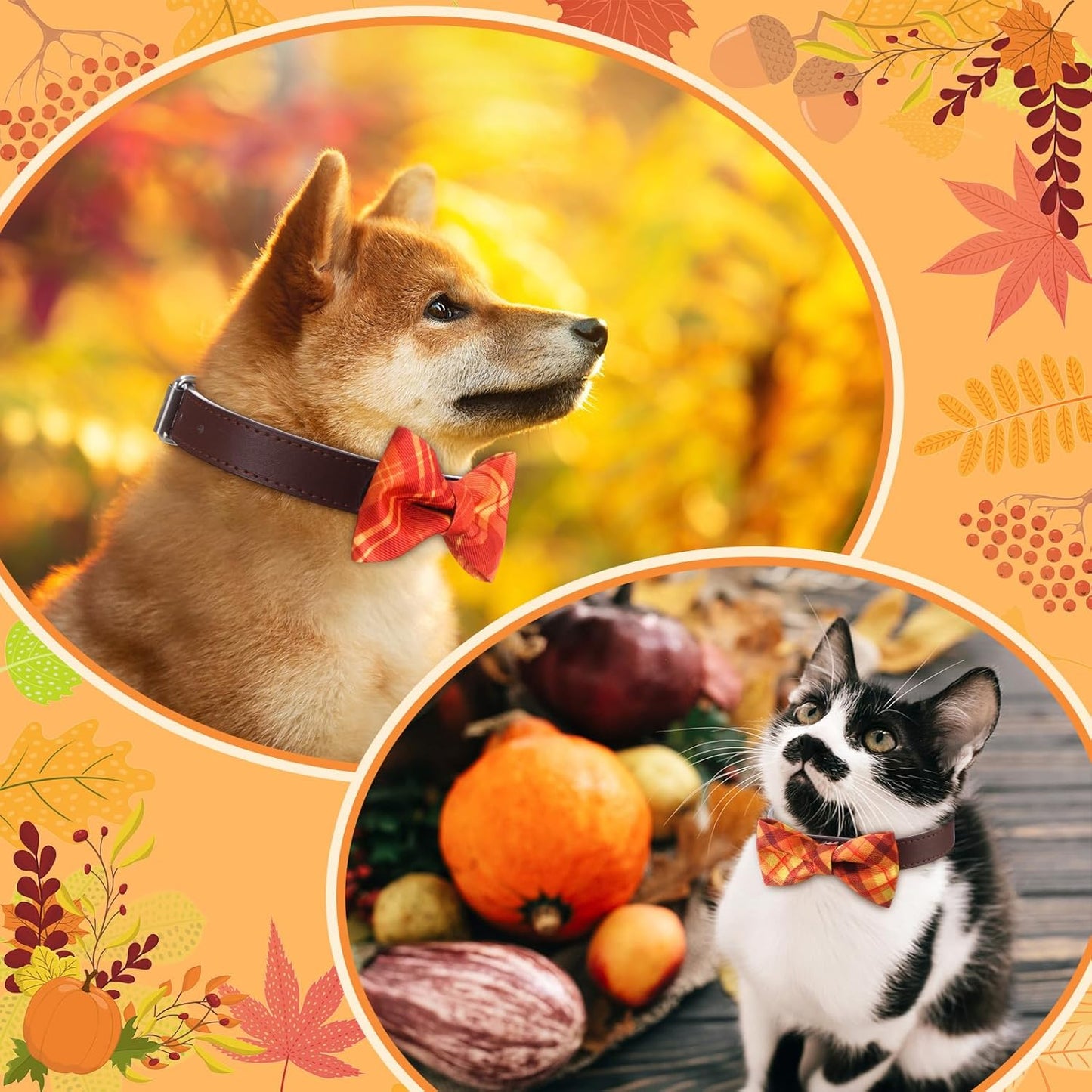 Hillban 50 Pcs Fall Thanksgiving Dog Collar Bow Ties Plaid Gingham Dogs Collar Accessories Bow Ties Attachment with Elastic Bands Detachable Charms for Pet Costume Photo Props Accessories Pet Shops