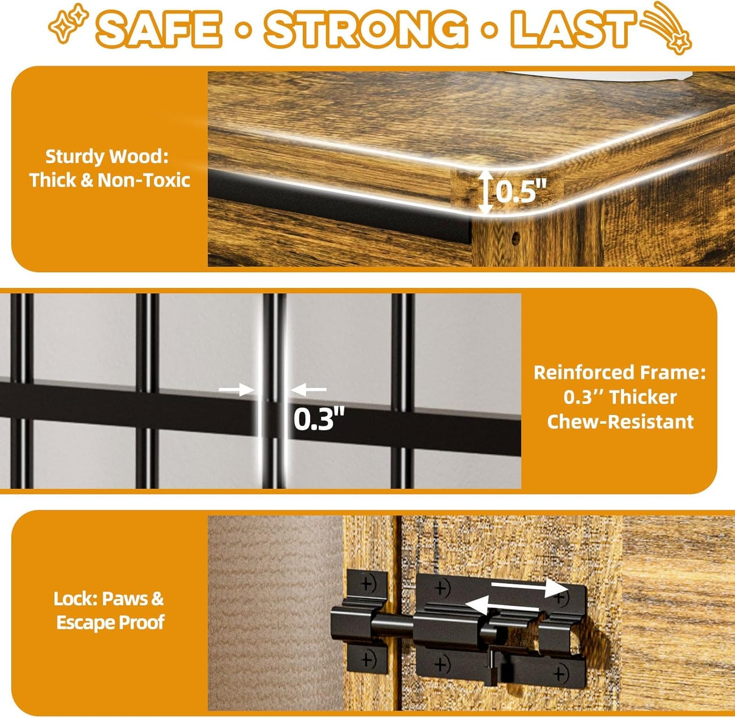 46" Large Dog Crate Furniture, Double Door Wooden Indoor Dog Kennel Furniture, Decorative Pet Cage End Table with Wheels for Extra Large Breed Dogs, Size 2XL, Rustic Brown