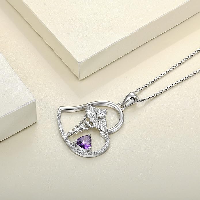 YL Caduceus Heart Necklace Sterling Silver Doctor Nurse Themed Pendant Gemstones Angel Wings Snake Jewelry for Women