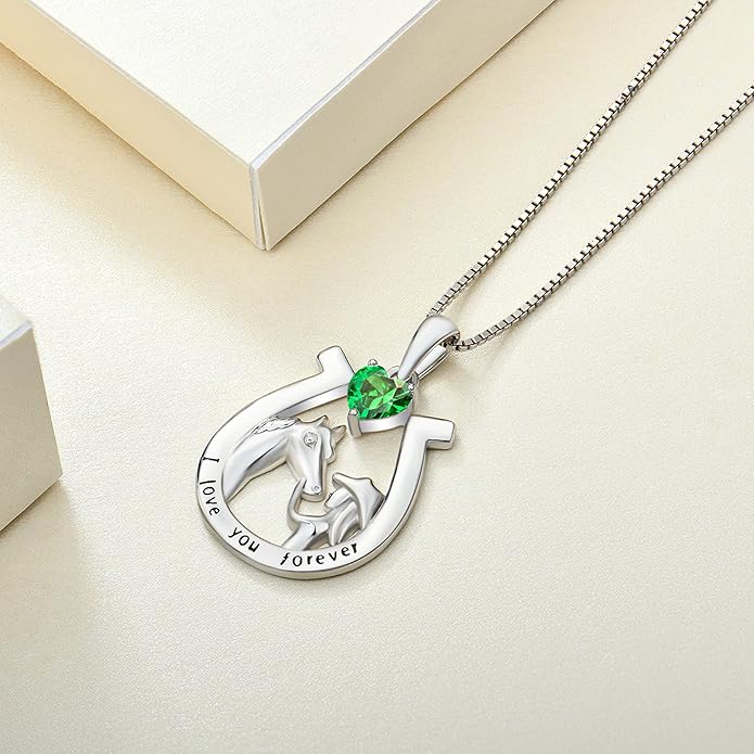 YL Women's Horse Necklace 925 Sterling Silver Horseshoe Pendant Birthstone Animals Jewelry