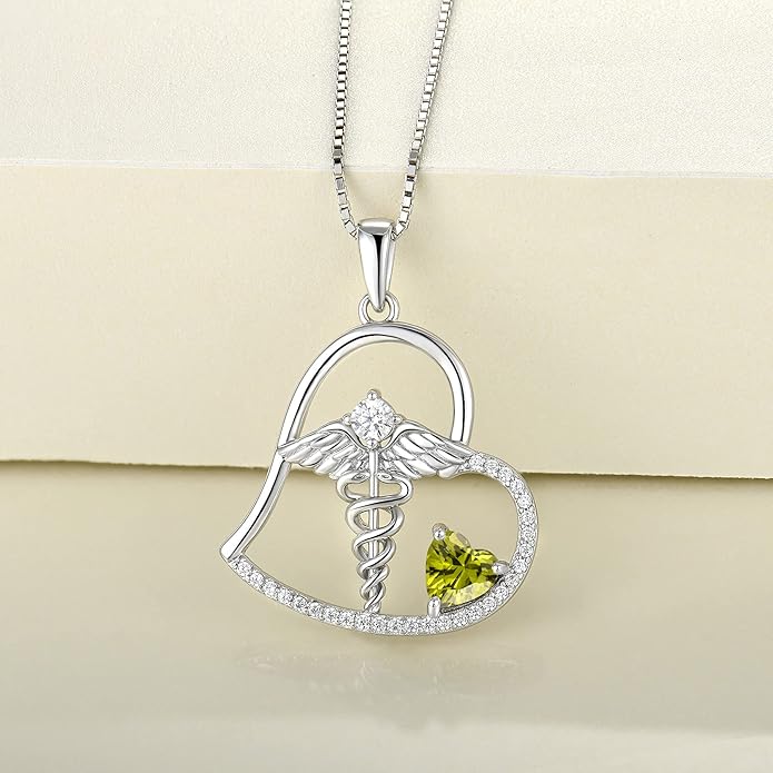 YL Caduceus Heart Necklace Sterling Silver Doctor Nurse Themed Pendant Gemstones Angel Wings Snake Jewelry for Women