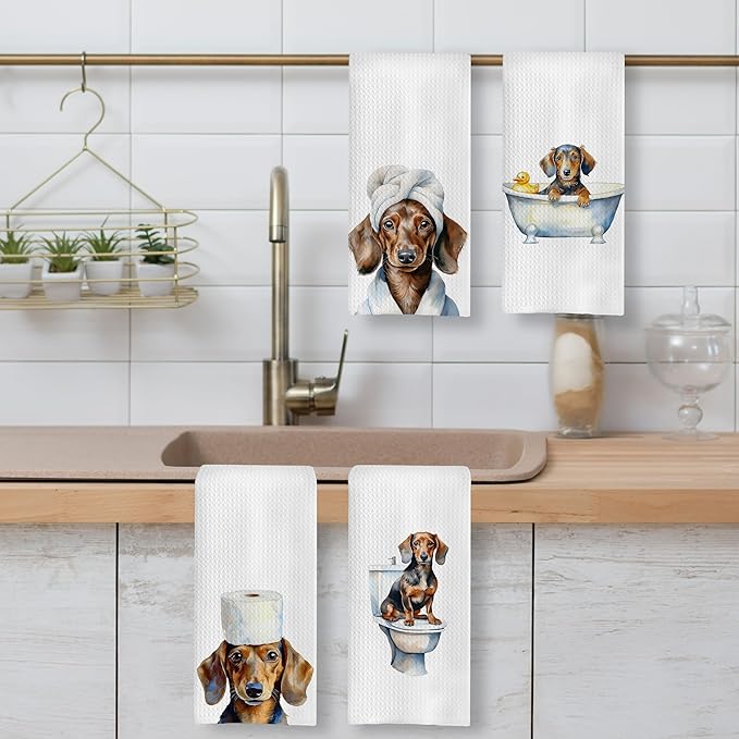 Funny Dachshund Bathroom Hand Towels, Dachshund Lover Gifts, Weiner Dog Gifts for Women Decorative Hand Towels for Bathroom, Funny Sausage Dog Kitchen Towels, 16x24 Inch Set of 4