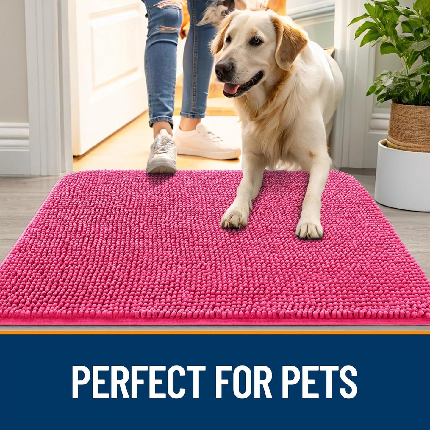 OLANLY Dog Door Mat for Muddy Paws 59x32, Absorbs Moisture and Dirt, Absorbent Non-Slip Washable Doormat, Quick Dry Chenille Mud Mat for Dogs, Entry Indoor Entryway Carpet for Inside Floor, Hot Pink