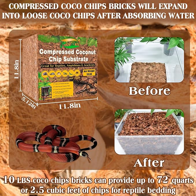 ZeeDix 10LB Coco Fiber Chips Substrate for Reptiles, 72 Quart Coconut Fiber Husk Substrate Mulch Coco Chips Bricks Reptiles Bedding for Geckos, Lizards, Tortoises, Ball Python, Frogs