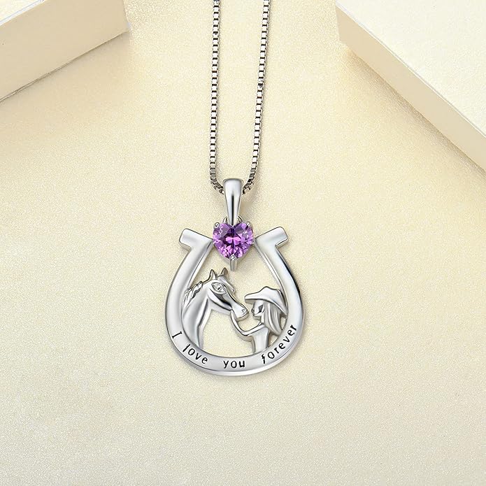 YL Women's Horse Necklace 925 Sterling Silver Horseshoe Pendant Birthstone Animals Jewelry